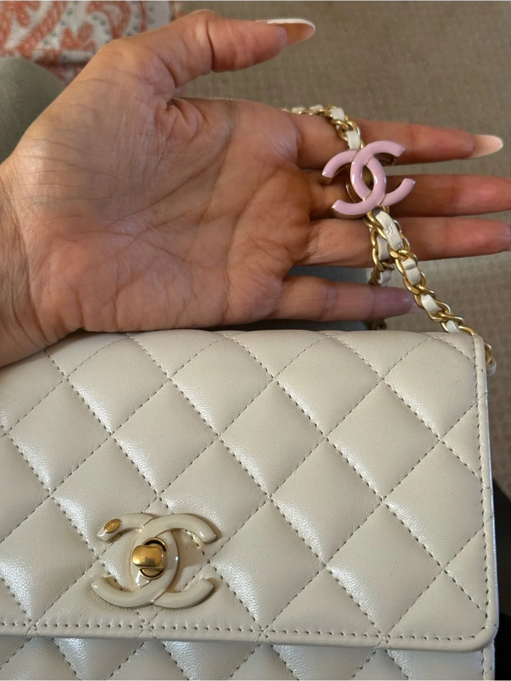 CHANEL Cream Quilted Leather Chain Crossbody with Gold Hardware